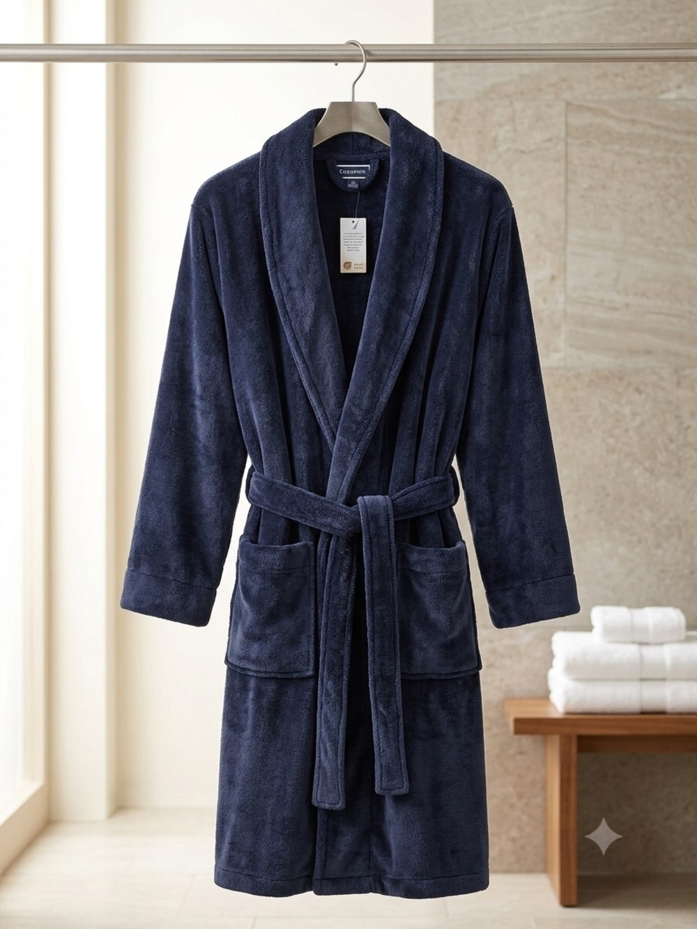 Club Room Navy Plush Shawl-Collar Bath Robe with Pockets